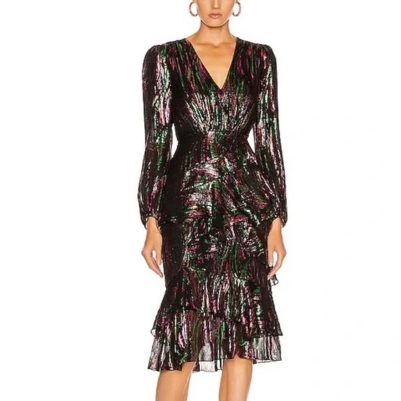 SALONI METALLIC SILK BLEND ALYA OIL SPILL MIDI DRESS US SIZE 2  XS - Picture 6 of 6